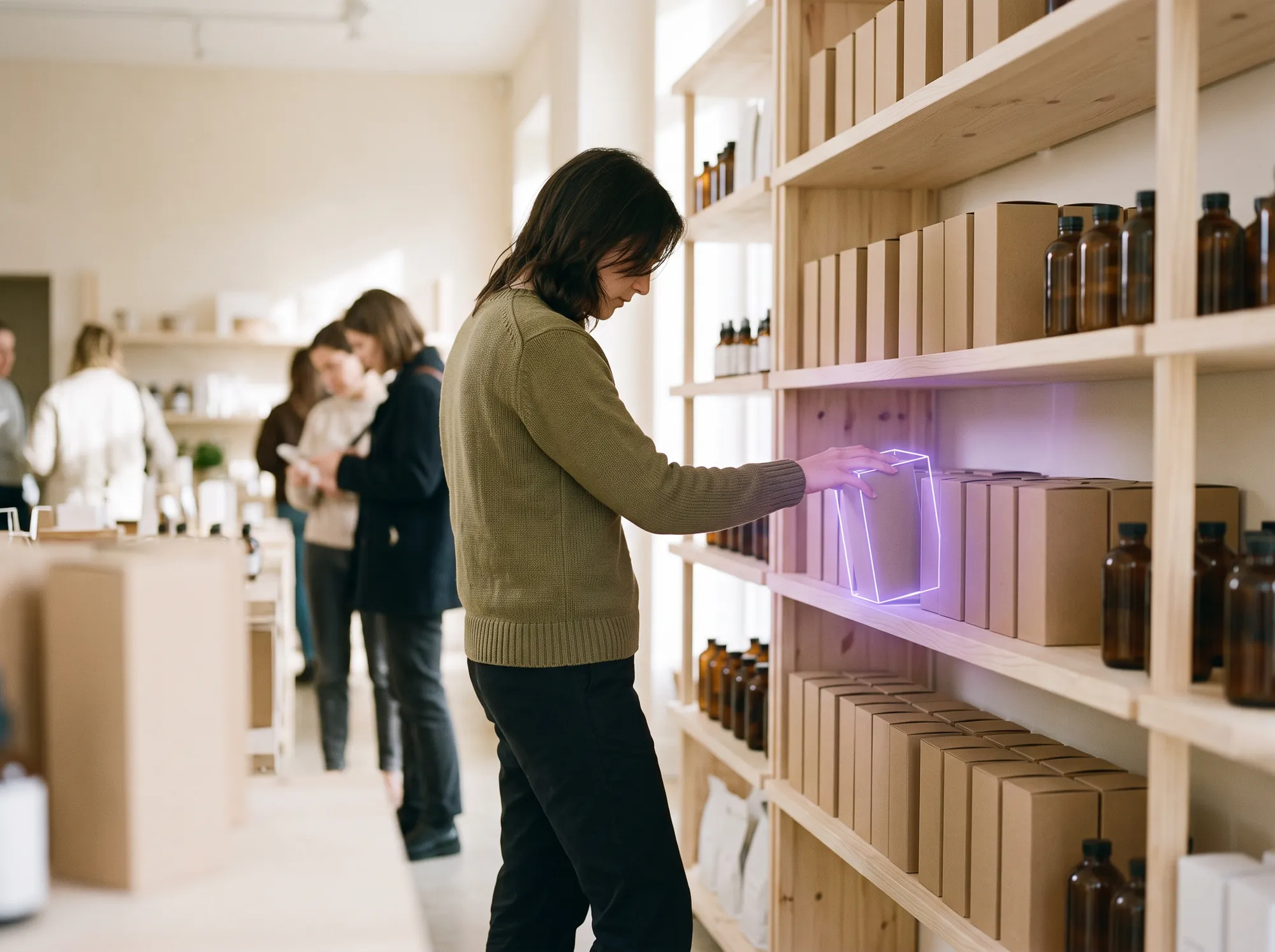 A shopper pausing at a shelf where one box is outlined in purple light.