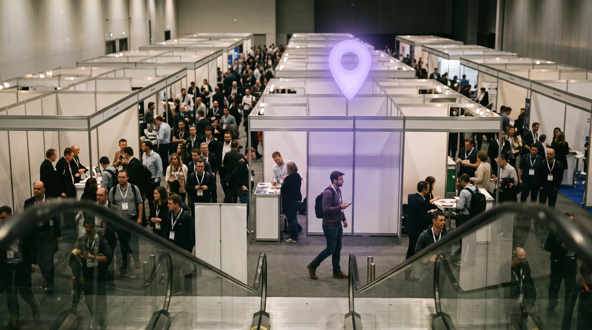 An expo hall with a glowing marker above one stand.