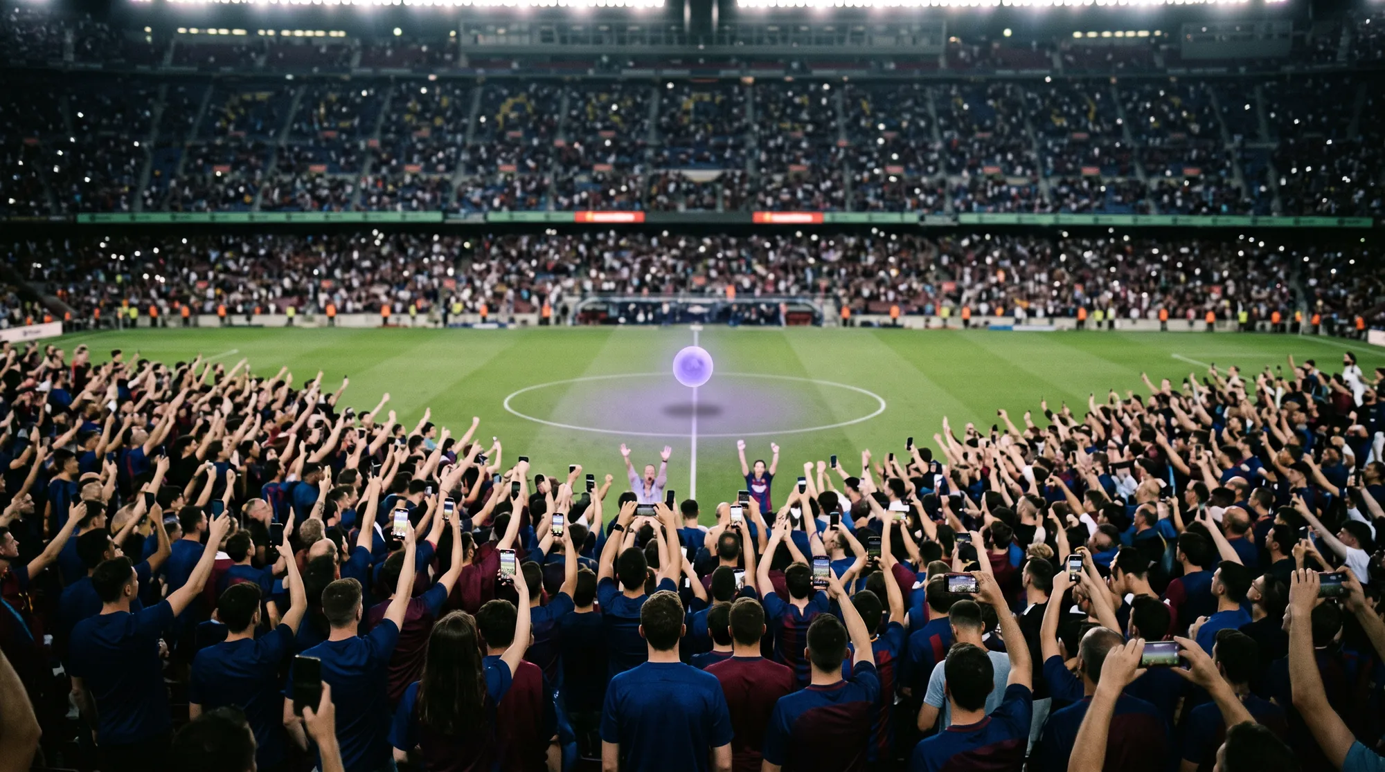 A packed stadium at night, phones raised toward one glowing orb.
