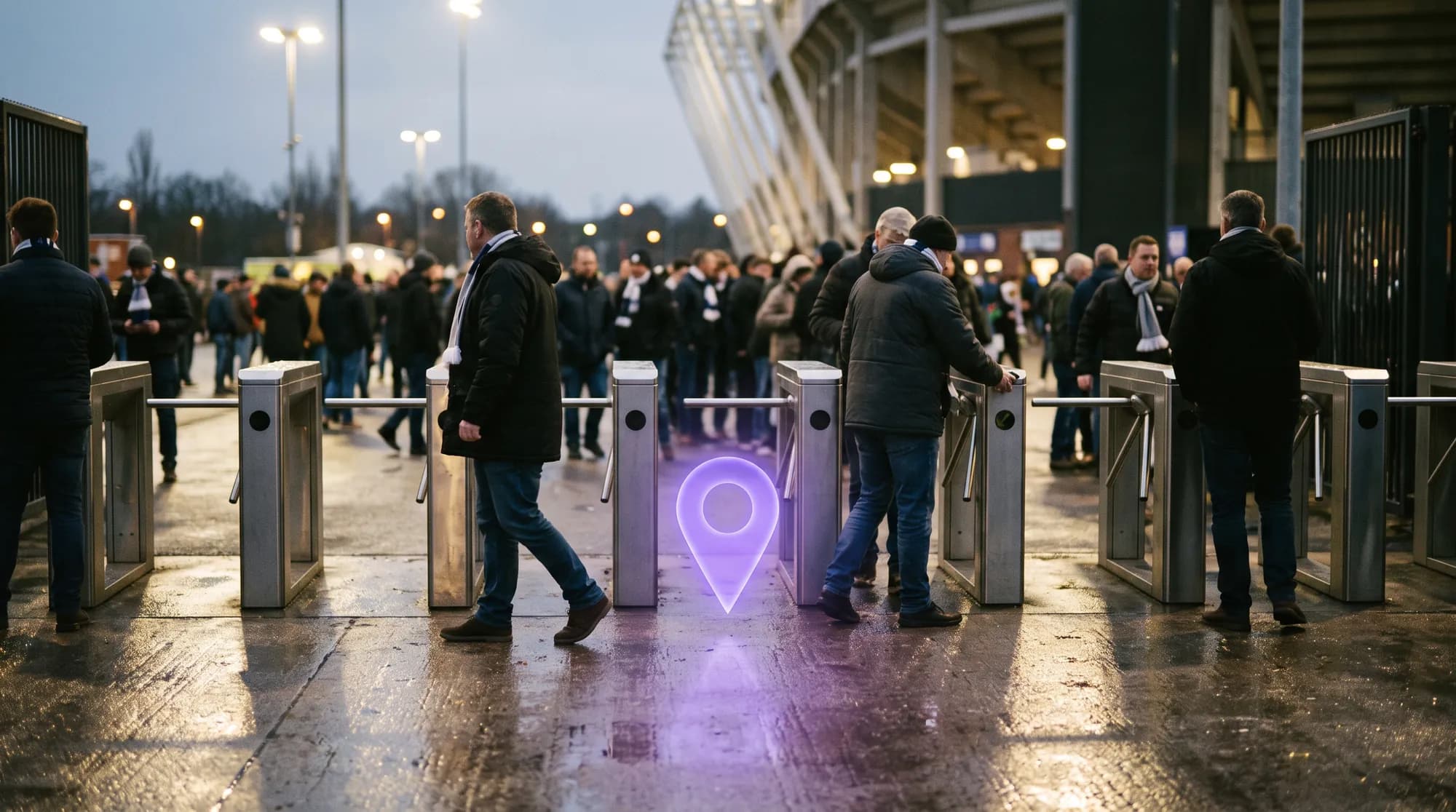 Turnstile lanes after rain, a glowing pin reflected in the wet concrete.