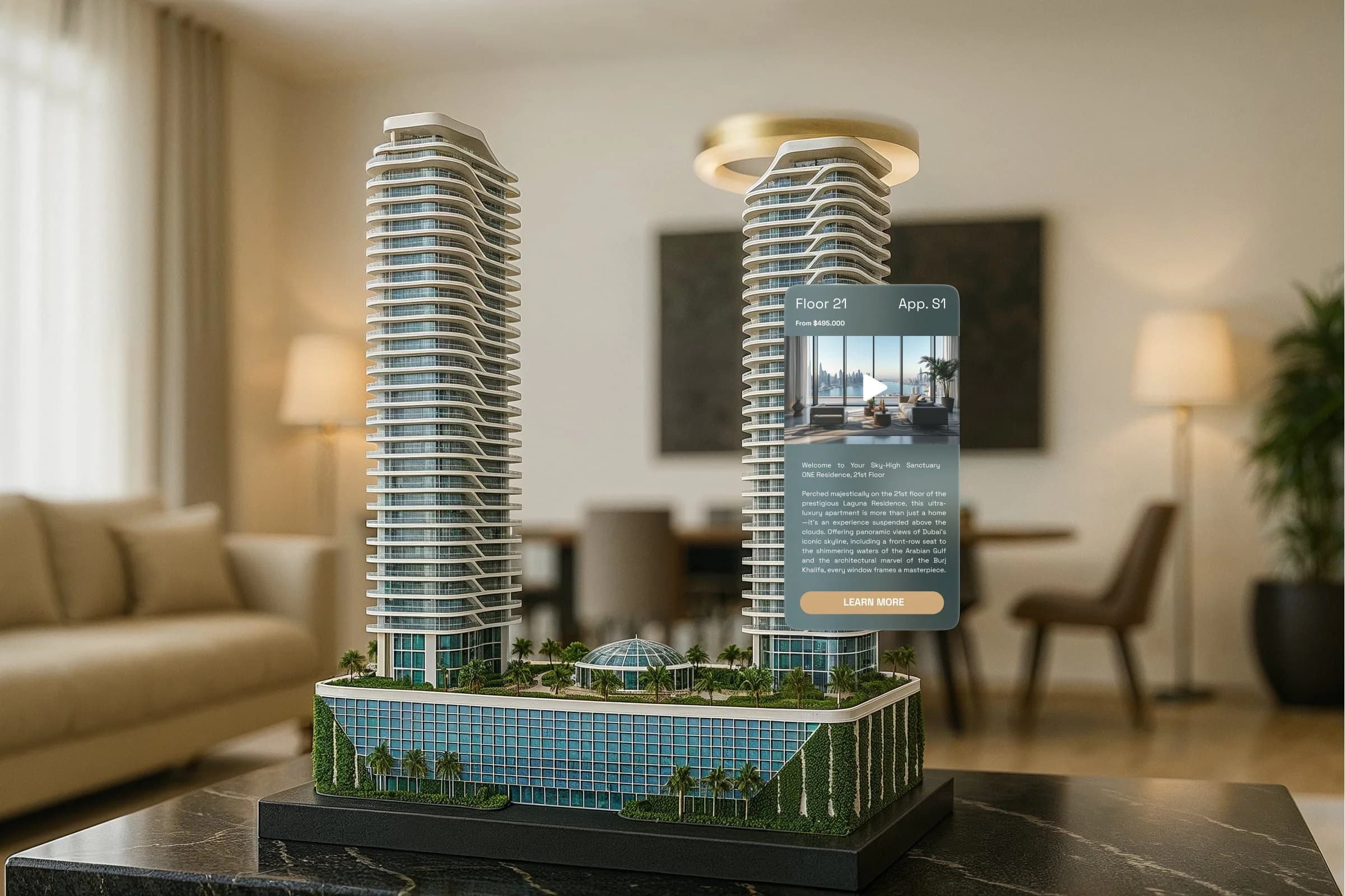 AR maquette of a branded residence with live unit pricing